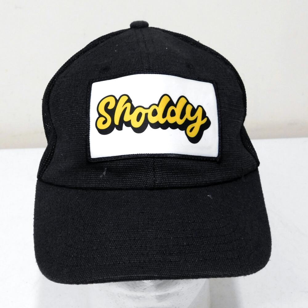 Retro Trucker Hat Shoddy Brand Mesh Back Black Yellow Logo Patch